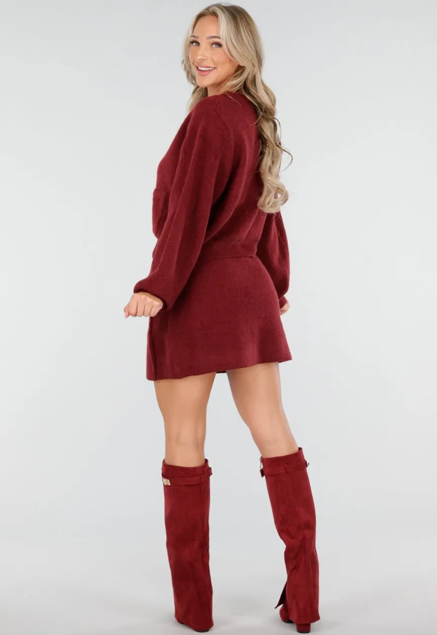 Rode Gebreide 2-Piece Set met Vest en Rok