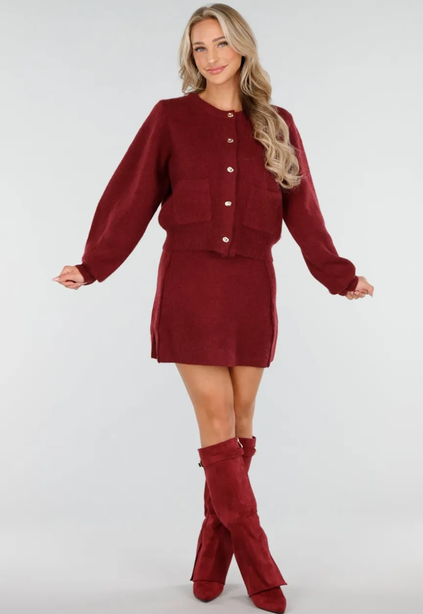 Rode Gebreide 2-Piece Set met Vest en Rok