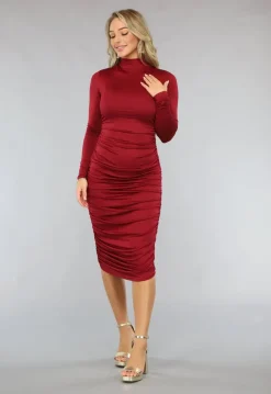 Rode Geplooide Bodycon Jurk met Lange Mouwen