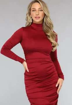 Rode Geplooide Bodycon Jurk met Lange Mouwen