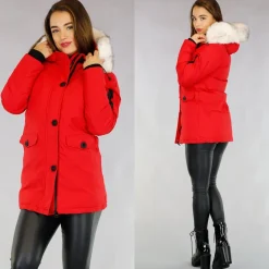 Rode Gewatteerde Parka met Beige Imitatiebont