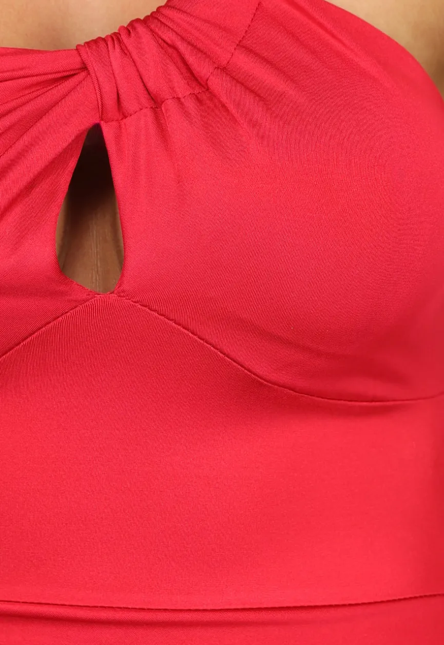 Rode Glanzende Bodycon Jurk met Pads