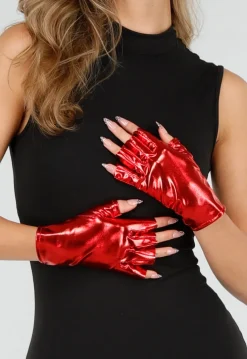 Rode Handschoenen van Glanzend Stretchmateriaal met Halve Vingers