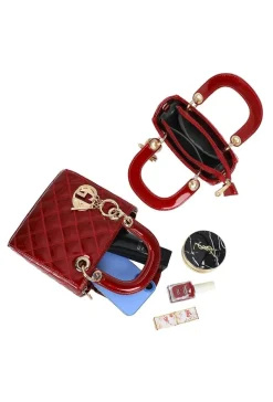 Rode Handtas met Glanzend Ruitpatroon en Gouden Hanger