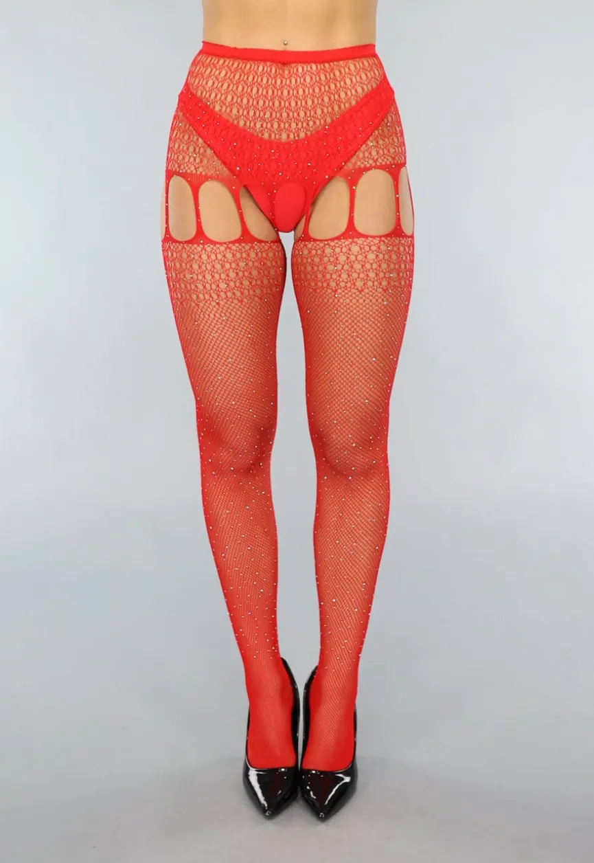 Rode Jarretel Look Fishnet Panty met Strass