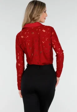 Rode Kanten Blouse met Knoopsluiting en Lange Mouwen