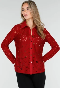 Rode Kanten Blouse met Knoopsluiting en Lange Mouwen