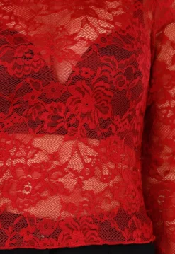 Rode Kanten Mesh Top met Lange Mouwen en Col