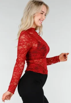 Rode Kanten Mesh Top met Lange Mouwen en Col