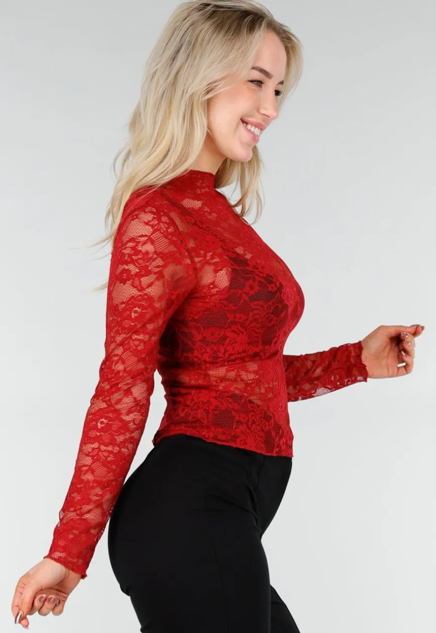Rode Kanten Mesh Top met Lange Mouwen en Col