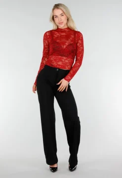 Rode Kanten Mesh Top met Lange Mouwen en Col