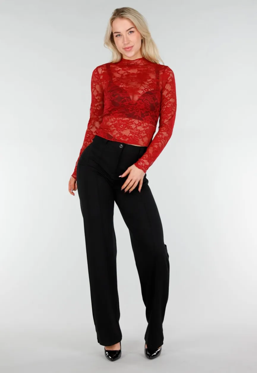 Rode Kanten Mesh Top met Lange Mouwen en Col