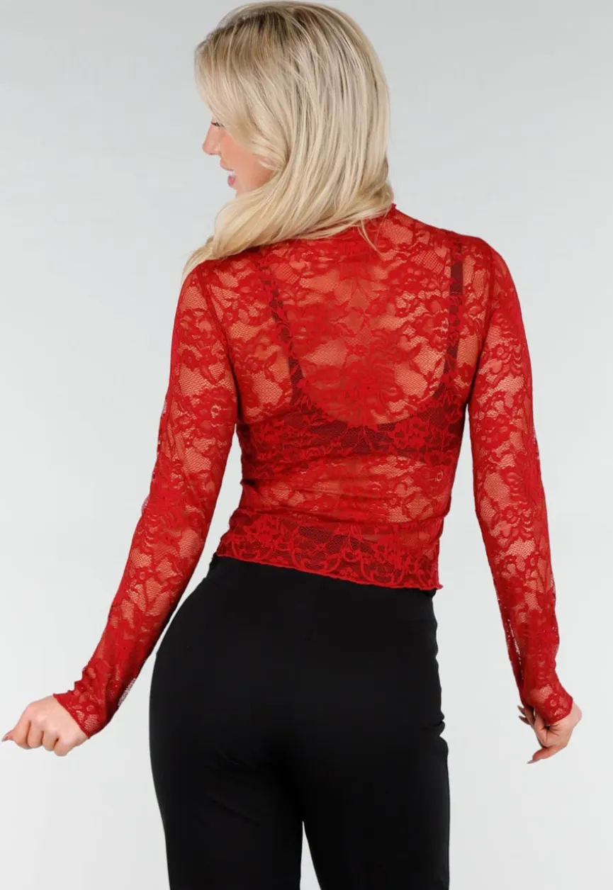 Rode Kanten Mesh Top met Lange Mouwen en Col