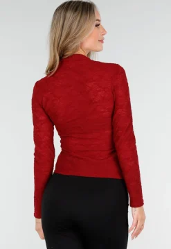 Rode Kant Stretch Top met Lange Mouwen en Hoge Hals