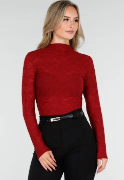 Rode Kant Stretch Top met Lange Mouwen en Hoge Hals
