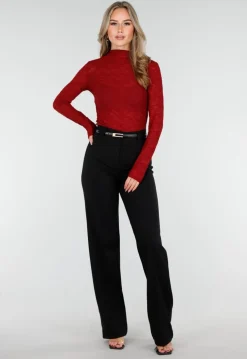 Rode Kant Stretch Top met Lange Mouwen en Hoge Hals