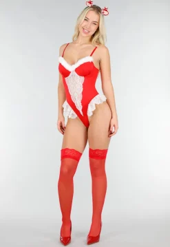 Rode Kerst Lingerie Body met Kant en Rendier Oortjes