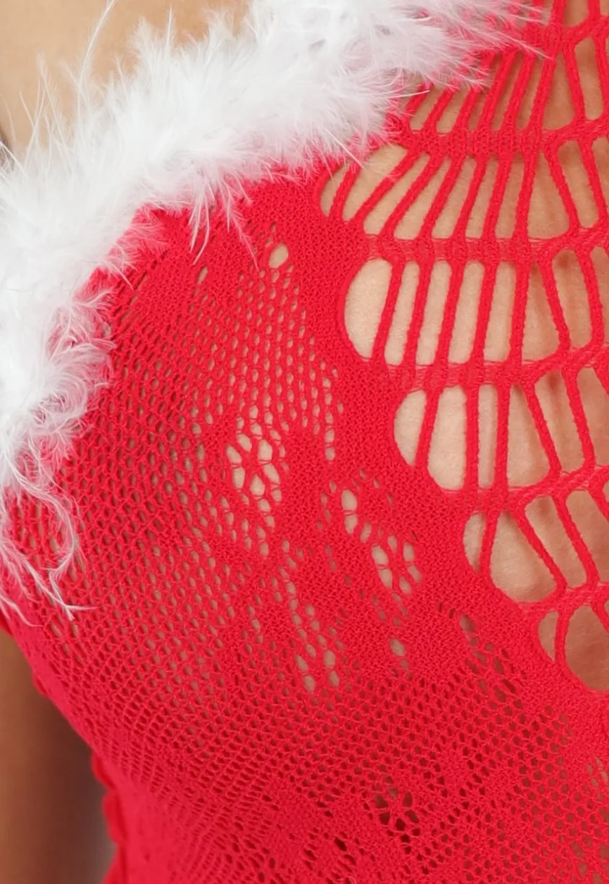 Rode Kerst Lingerie Bodysuit met Fluffy Details