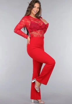 Rode Lace Stretch Jumpsuit met Rechte Pijpen