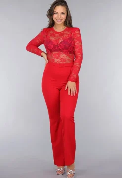 Rode Lace Stretch Jumpsuit met Rechte Pijpen