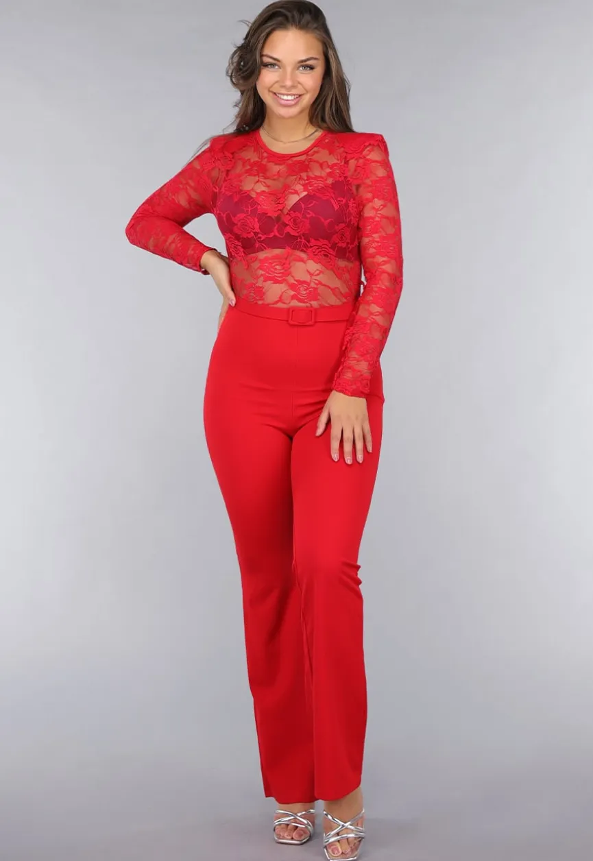 Rode Lace Stretch Jumpsuit met Rechte Pijpen
