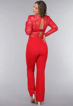 Rode Lace Stretch Jumpsuit met Rechte Pijpen