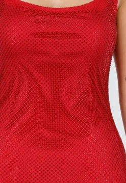 Rode Lange Glitter Jurk met Strass Steentjes en Lage Rug