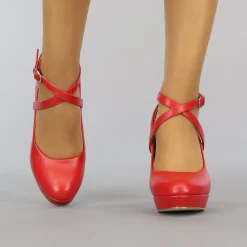 Rode Lederlook Pumps met Enkelbandje
