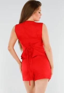 Rode Linnenlook 2-Piece met Asymmetrische Knoopsluiting