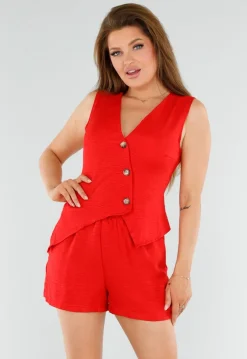 Rode Linnenlook 2-Piece met Asymmetrische Knoopsluiting