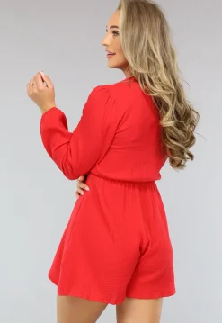 Rode Longsleeve Playsuit van Mousseline Stof