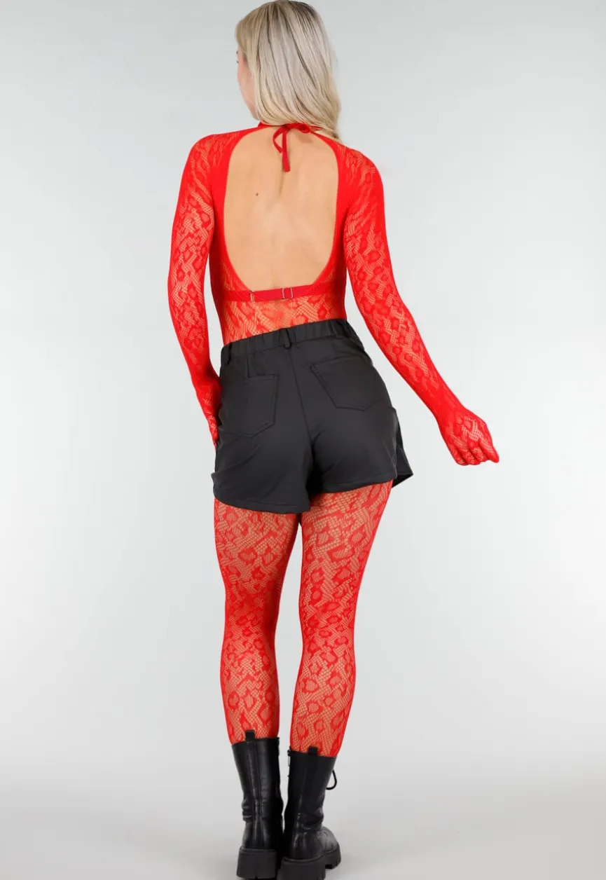 Rode Mesh Bodystocking met Open Rug en Stretch