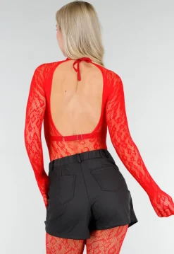 Rode Mesh Bodystocking met Open Rug en Stretch