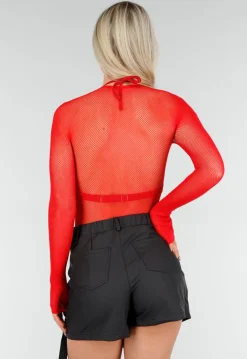 Rode Mesh Fishnet Body met Slangenprint