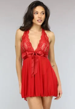 Rode Mesh Halter Slipdress met Kant