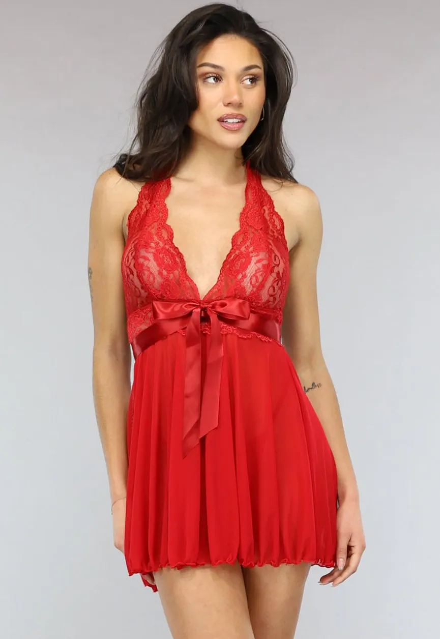 Rode Mesh Halter Slipdress met Kant