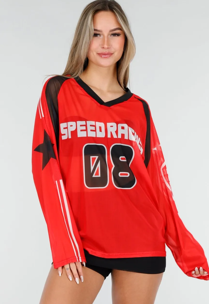 Rode Mesh Jersey Top met Lange Mouwen