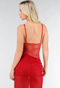 Rode Mesh Lingerie Jurk met Kant
