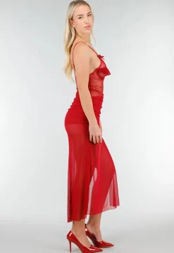 Rode Mesh Lingerie Jurk met Kant