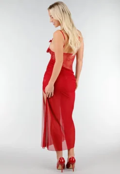 Rode Mesh Lingerie Jurk met Kant