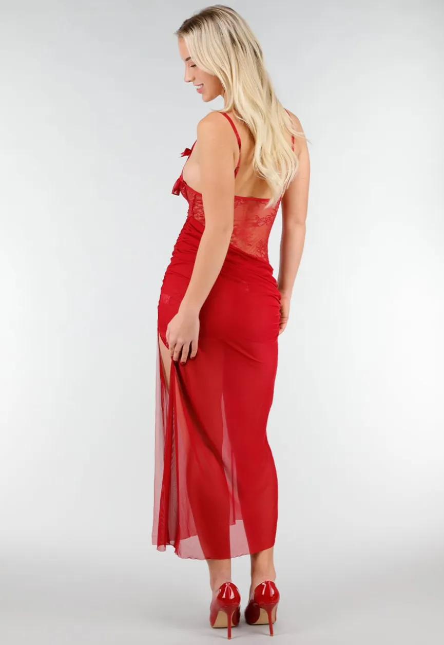 Rode Mesh Lingerie Jurk met Kant