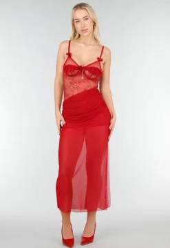 Rode Mesh Lingerie Jurk met Kant