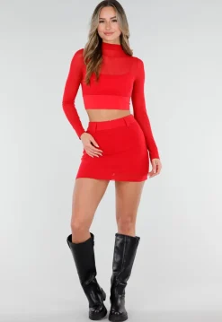 Rode Mesh Skort met Stretch en Riemlussen