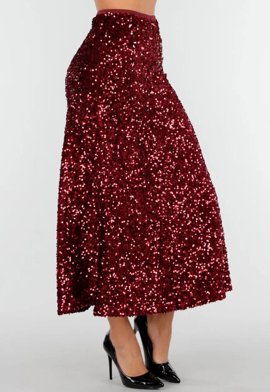 Rode Midi Rok met All Over Pailletten en Subtiele Uitlopende Zoom