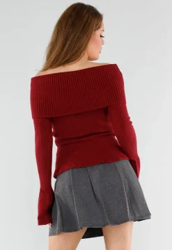 Rode Off Shoulder Gebreide Trui met Uitlopende Mouwen