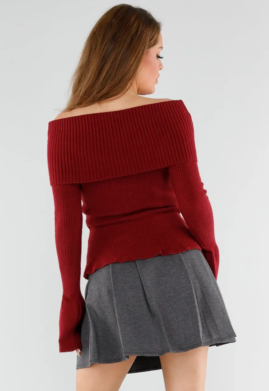 Rode Off Shoulder Gebreide Trui met Uitlopende Mouwen