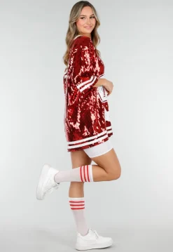 Rode Oversized Pailletten Jersey Top met V Hals