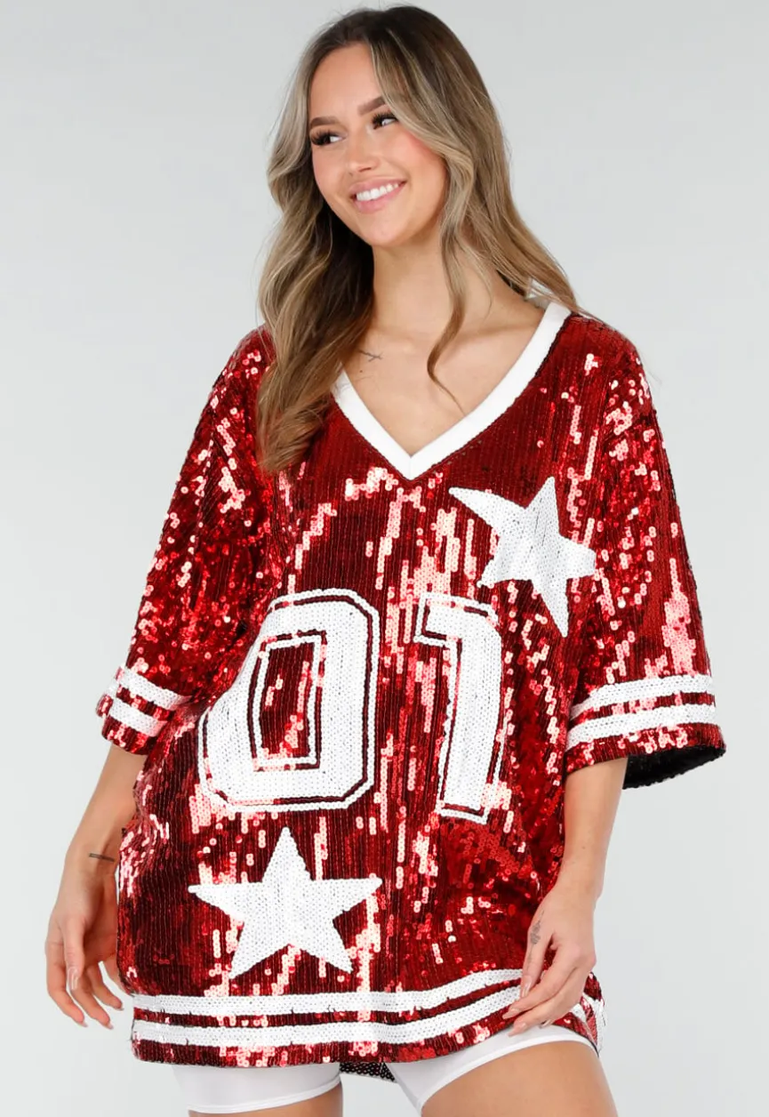 Rode Oversized Pailletten Jersey Top met V Hals