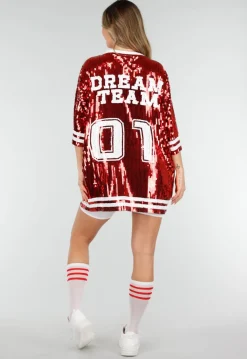 Rode Oversized Pailletten Jersey Top met V Hals