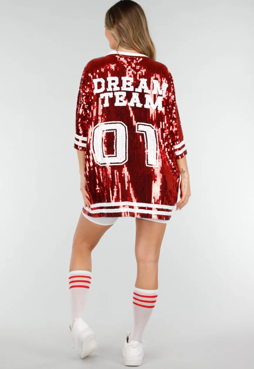 Rode Oversized Pailletten Jersey Top met V Hals
